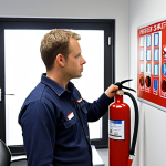 **

A facility manager conducting a fire safety inspection in a modern office setting. Focus on the inspection of a fire extinguisher, ensuring it is properly mounted and tagged. The overall scene should convey diligence and attention to detail, emphasizing the importance of regular maintenance for fire safety equipment. Dutch office environment with appropriate safety signage.

**