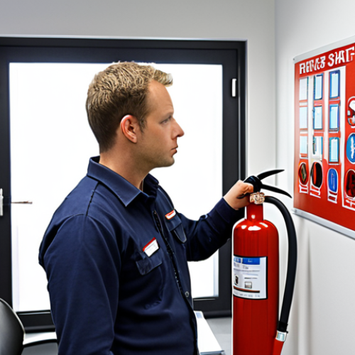 Home 23 **
A facility manager conducting a fire safety inspection in a modern office setting. Focus on the inspection of a fire extinguisher, ensuring it is properly mounted and tagged. The overall scene should convey diligence and attention to detail, emphasizing the importance of regular maintenance for fire safety equipment. Dutch office environment with appropriate safety signage.
**