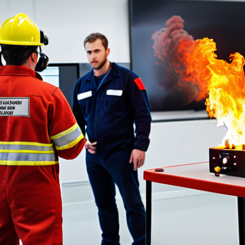 Home 22 ** A fire safety professional attending a workshop on new fire suppression technology, surrounded by colleagues, with modern equipment in the background. Focus on hands-on learning and collaboration.
**