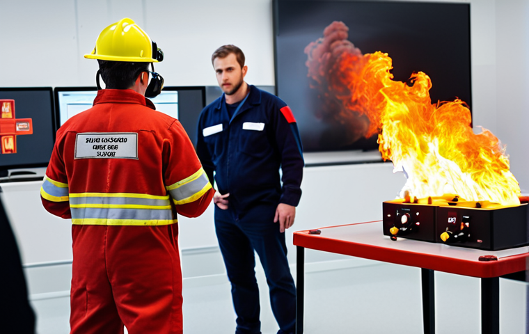 ** A fire safety professional attending a workshop on new fire suppression technology, surrounded by colleagues, with modern equipment in the background. Focus on hands-on learning and collaboration.
**