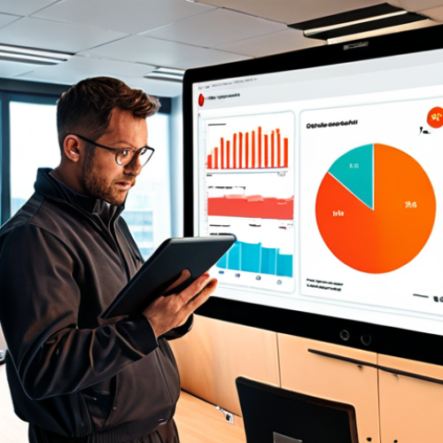 Home 21 **Dynamic Risk Assessment Illustration:** A modern, brightly lit office building interior with visible real-time data dashboards displaying fire risk analysis. Include IoT sensors monitoring temperature and air quality. A technician is reviewing the data on a tablet. The scene evokes a sense of proactive safety management.
