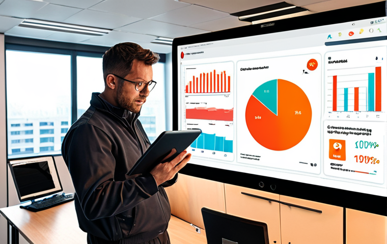 **Dynamic Risk Assessment Illustration:** A modern, brightly lit office building interior with visible real-time data dashboards displaying fire risk analysis. Include IoT sensors monitoring temperature and air quality. A technician is reviewing the data on a tablet. The scene evokes a sense of proactive safety management.