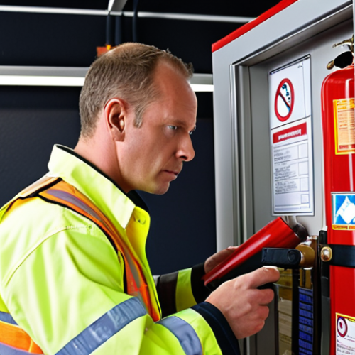 Home 20 A fire safety inspector in a high-visibility vest, meticulously examining a building's fire extinguisher. Focus on the inspector's attention to detail and the cluttered environment (boxes, obstructed exits) highlighting the importance of thorough inspections. Dutch signage in the background.