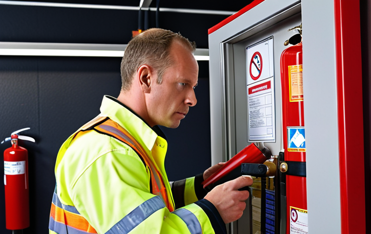 A fire safety inspector in a high-visibility vest, meticulously examining a building's fire extinguisher. Focus on the inspector's attention to detail and the cluttered environment (boxes, obstructed exits) highlighting the importance of thorough inspections. Dutch signage in the background.