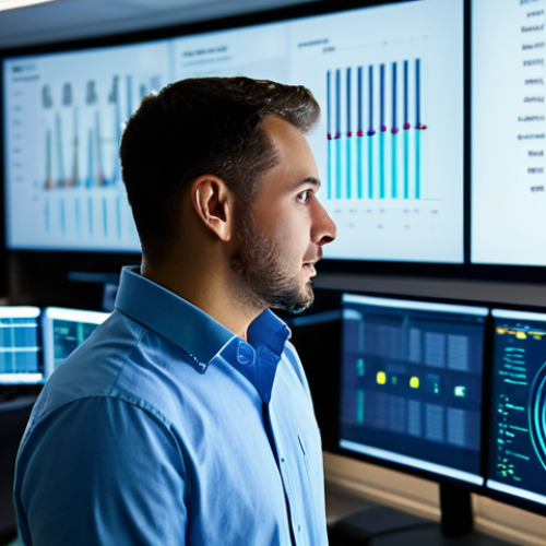 Home 9 A professional male engineer in a modest business casual shirt, fully clothed, standing in a large, clean data control room. He is observing a wall-mounted large screen displaying a complex network of smart sensors represented by glowing nodes and lines across a detailed building floor plan, with real-time data flowing. His expression is focused and analytical. The room is bathed in the soft glow of the screens, reflecting off polished surfaces. High-tech equipment and server racks are subtly visible in the background, out of focus. Perfect anatomy, correct proportions, natural pose, well-formed hands, proper finger count, natural body proportions, professional photography, high detail, sharp focus, vibrant colors, appropriate content, safe for work, professional, family-friendly.