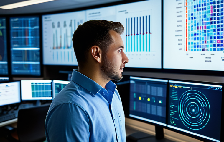 A professional male engineer in a modest business casual shirt, fully clothed, standing in a large, clean data control room. He is observing a wall-mounted large screen displaying a complex network of smart sensors represented by glowing nodes and lines across a detailed building floor plan, with real-time data flowing. His expression is focused and analytical. The room is bathed in the soft glow of the screens, reflecting off polished surfaces. High-tech equipment and server racks are subtly visible in the background, out of focus. Perfect anatomy, correct proportions, natural pose, well-formed hands, proper finger count, natural body proportions, professional photography, high detail, sharp focus, vibrant colors, appropriate content, safe for work, professional, family-friendly.